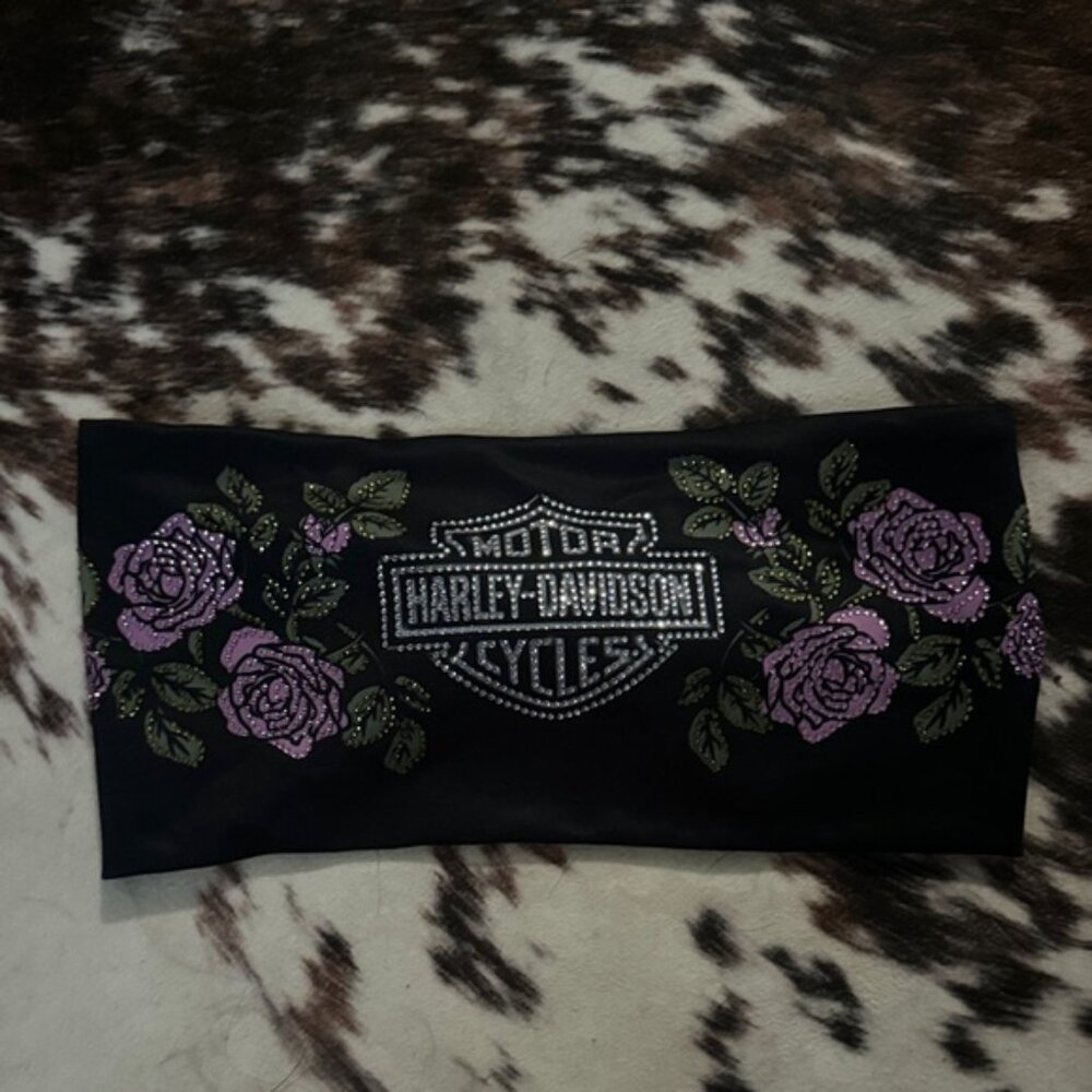 New Harley-Davidson Black Headband with Purple and Green Floral Accents